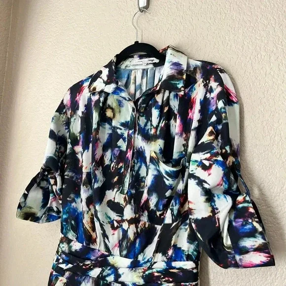 Stella McCartney Silk Abstract Multicolor Dress 3/4 Sleeve Button Front Size 6